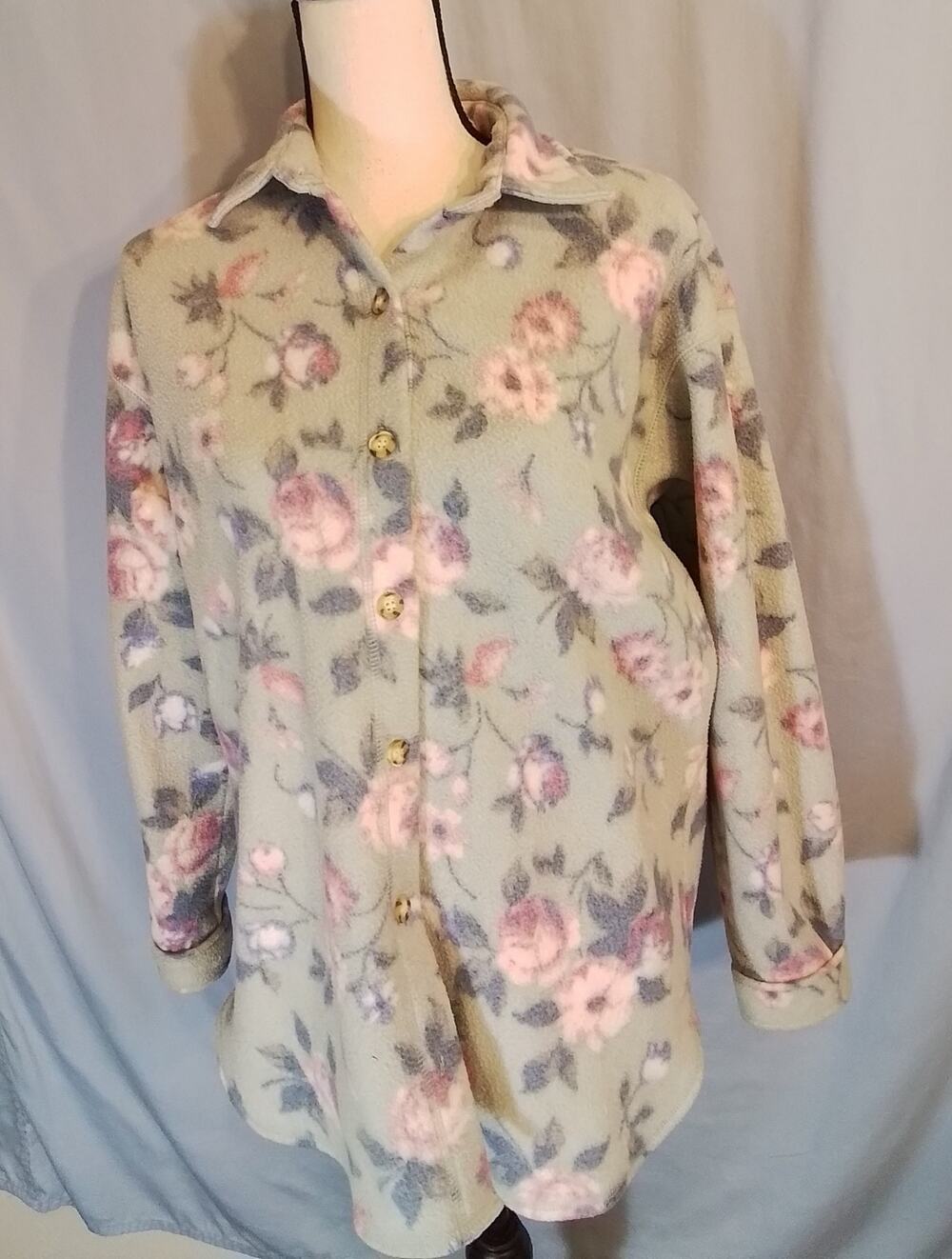 Cherokee Light Green Floral Button Up Fleece Jacket